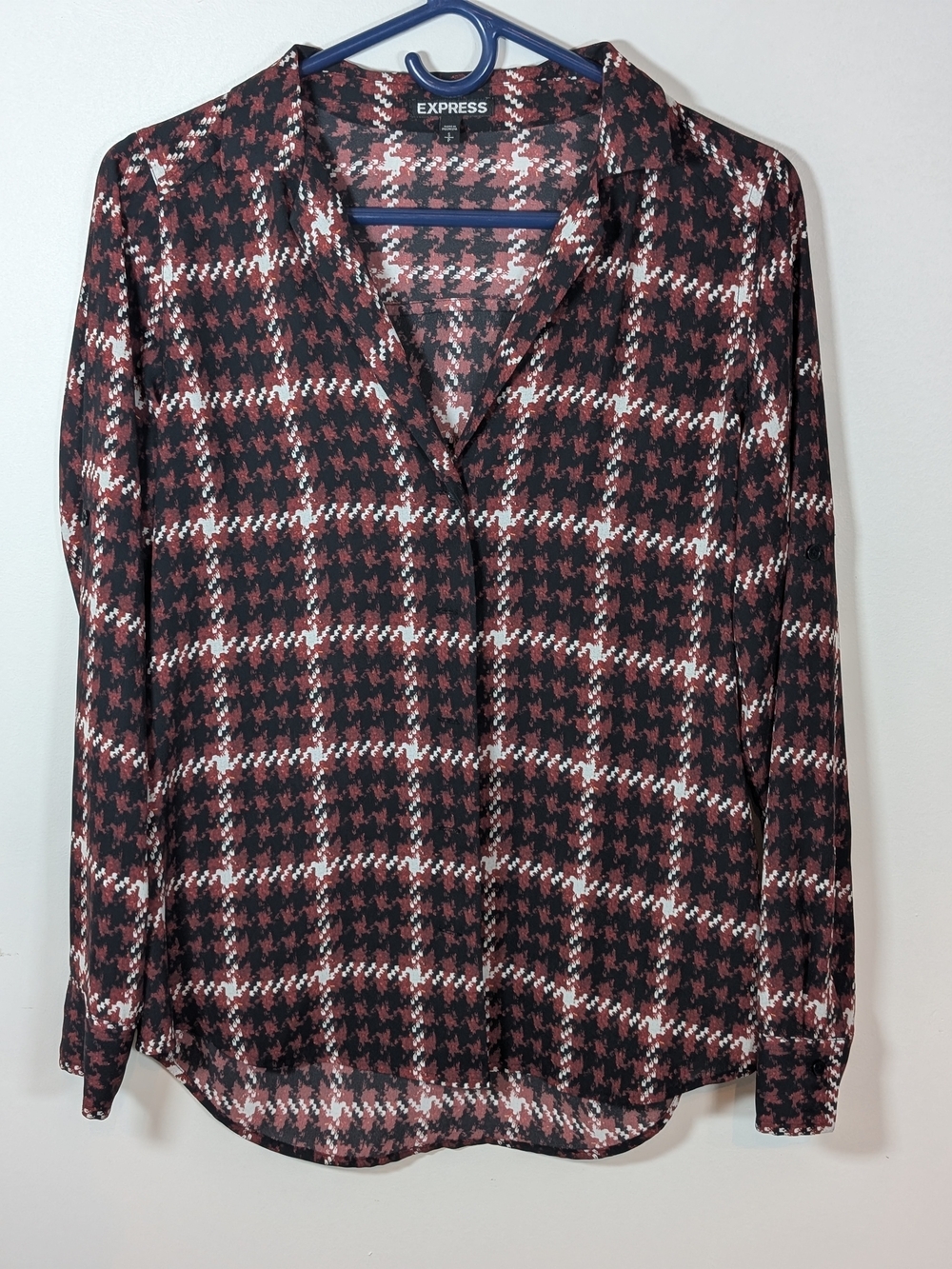Express Women’s Plaid Print Long-Sleeve Blouse - Black & Burgundy